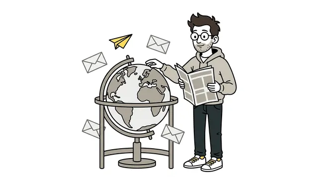 Dessin : un homme fait tourner un grand globe terrestre en lisant le journal, quelques enveloppes et un avion en papier volent autour.