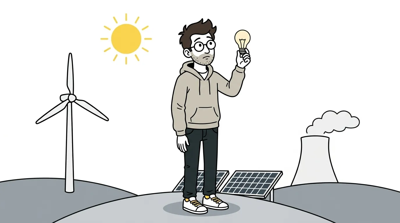 Dessin : sur une colline, entre une éolienne et une tour de centrale nucléaire, un homme regarde une ampoule, des panneaux solaires à ses pieds.