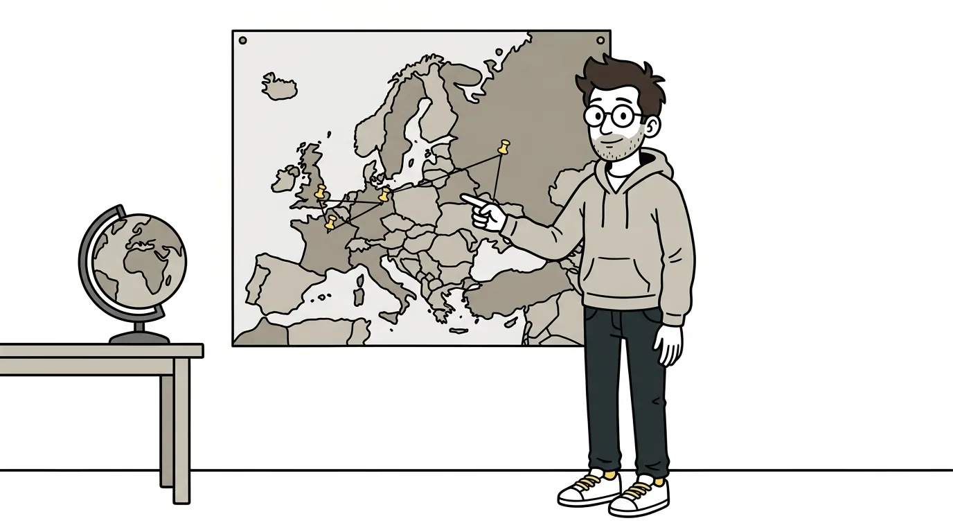 Dessin : un homme montre une carte de l'Europe épinglée au mur, à côté d'un globe terrestre.