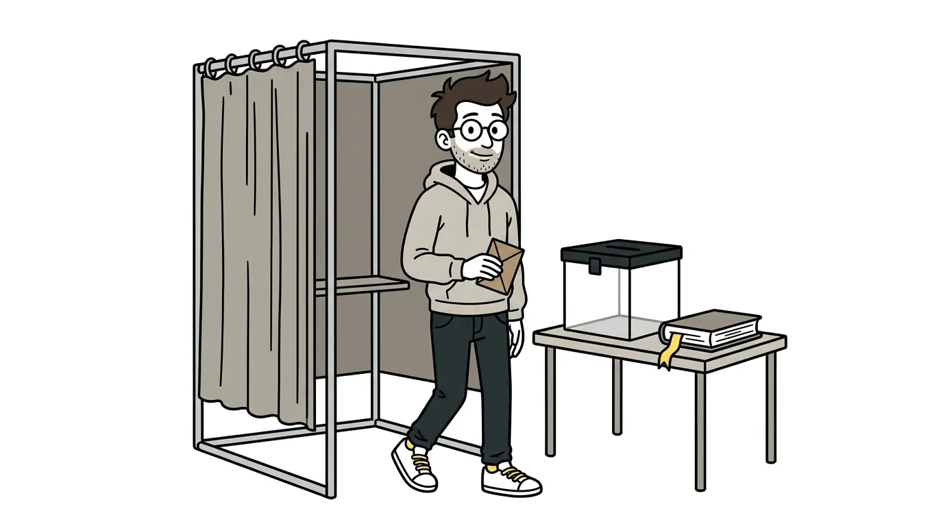 Dessin : un homme sort de l'isoloir, son enveloppe à la main, près d'une urne transparente et d'un épais livre.