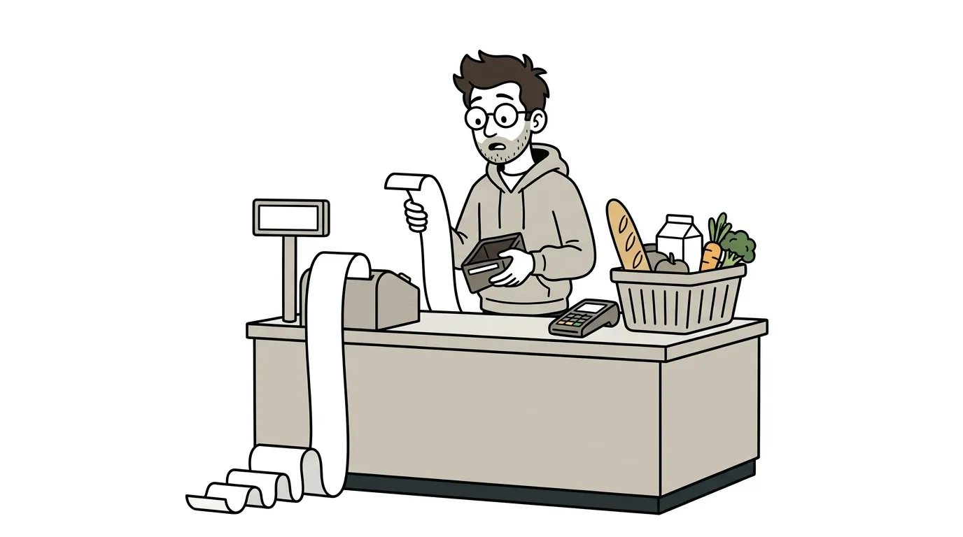 Dessin : à la caisse d'un supermarché, un homme regarde un ticket de caisse qui se déroule jusqu'au sol, son porte-monnaie à la main.