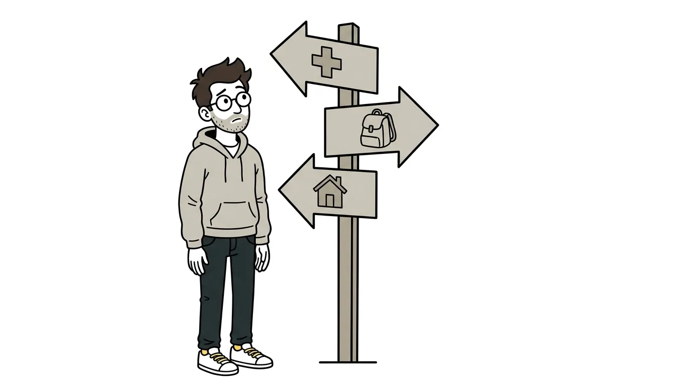 Dessin : un homme hésite au pied d'un panneau indicateur à trois directions, l'hôpital, l'école et le logement.