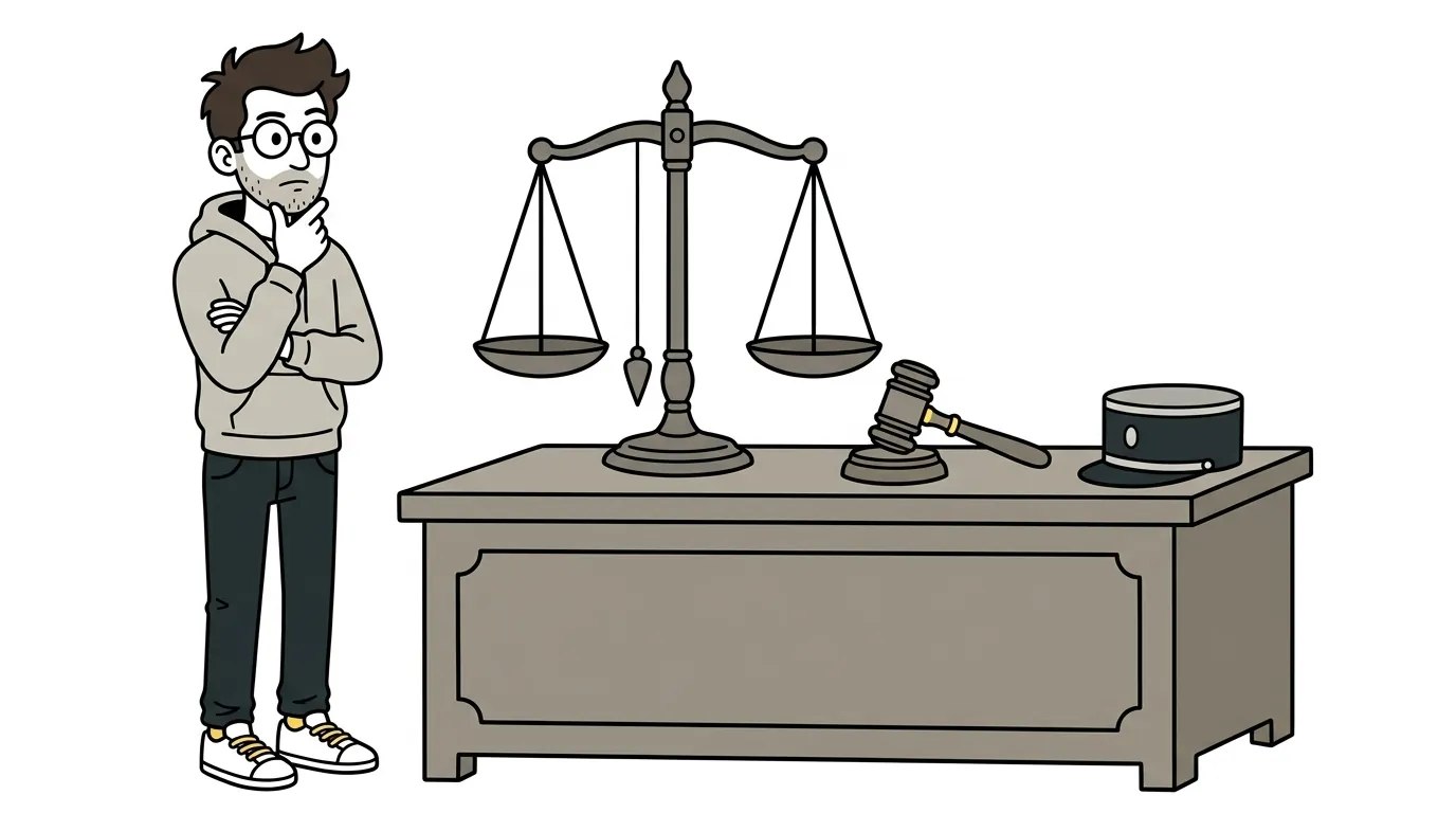 Dessin : un homme réfléchit devant un bureau où sont posés une balance de la justice, un marteau de juge et un képi.
